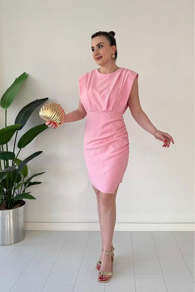 MaziButik Pile Detail Sparkly Crepe Dress Pink
