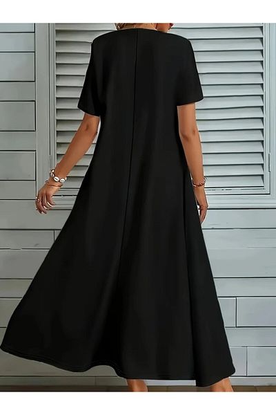 MODAVERA Women's Short Sleeve V Neck Pocket Detail Long Janjan Crepe Dress