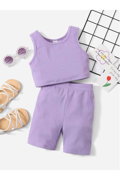 HEREN BUTİK Kids Ribbed Crop Top and Shorts Set |   Girl's Summer Sports Suit |   Cotton Tank Top Shorts Set