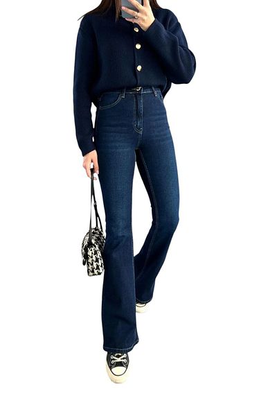 byhaziran butik Eysila Women's High Waist Dark Blue Denim Flare Jeans