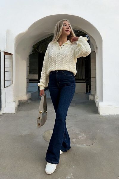 byhaziran butik Purse Dark Blue Colorfast Lycra High Waist Spanish Leg Jeans