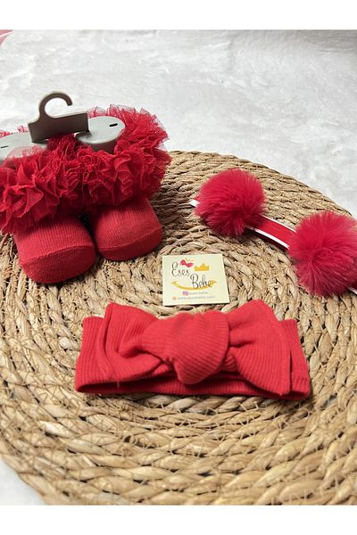 ESES BEBE Kokoş Socks Ribbed Bandana and Pom-Pom Bandana Set