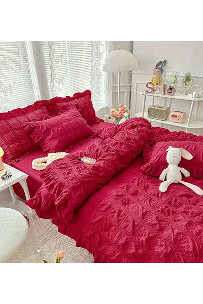 trendyhome Bed Linen, Crepe Cotton, Ruffles, Finet Soft, 6 Pieces, Red, J10397