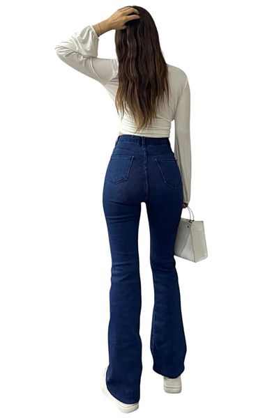 byhaziran butik Mona Dark Blue Non-Fading Lycra High Waist Denim Spanish Leg Jeans