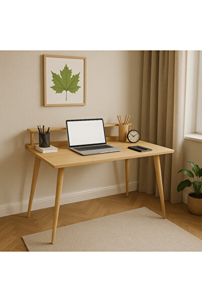 MERDEKORE Çalışma Masası Doğal Ahşap - Açık Meşe Renkli | Modern ve Şık Tasarım