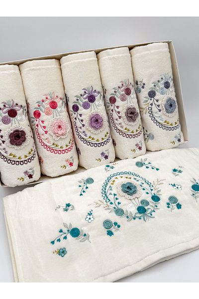 AYHANHOME طقم مناشف وجه مطرزة يدويًا ثلاثية الأبعاد مكونة من 6 قطع مقاس 50 × 90