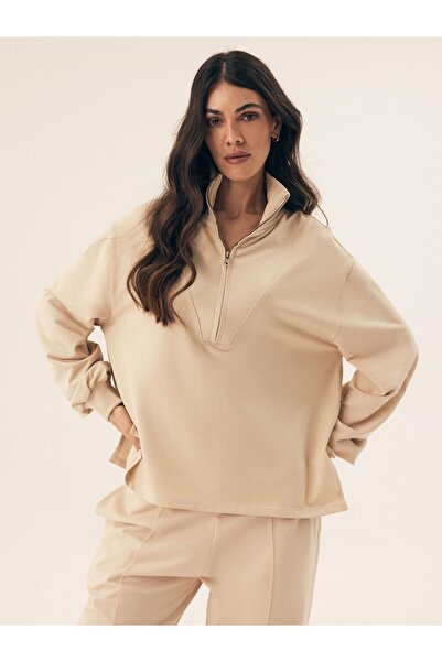 ESOTIQ Hanorac de damă cu fermoar pe jumătate, guler înalt, croială lejeră, c...