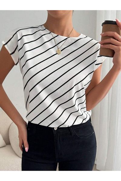 JANES Women's Short Bat Sleeve Crew Neck Line Pattern Atlas Blouse