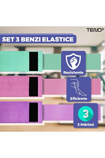 Teno Set 3 benzi elastice pentru antrenament Teno®, 3 niveluri de rezistență, material textil durabil, pentru începători/
