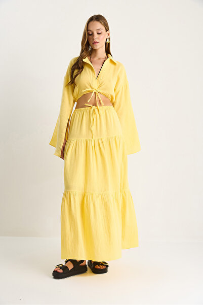 Bianco Lucci Women's Tie Detail Slit Wide Sleeve Blouse Lined Long Skirt Set Dt251007 60283497