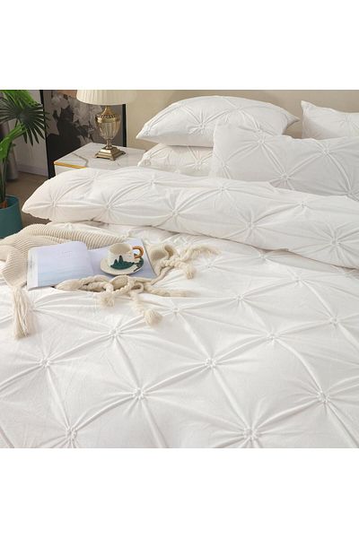trendyhome Double Bed Linen, Elastic, Soft Velvet, Embroidered Print, White, J18022