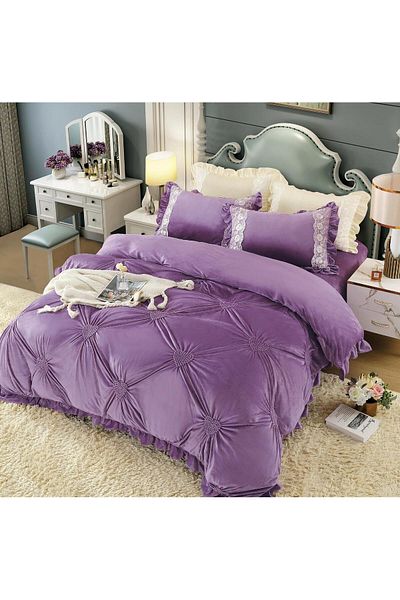 trendyhome Lenjerie de pat dublă, catifea moale, volane, inimioare țesute, violet, J10857