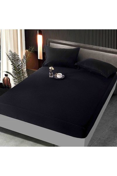 JOJO HOME Cearșaf de pat protector cu elastic, Jojo Home, Damasc, 2 persoane, Uni, 160x200cm, Negru