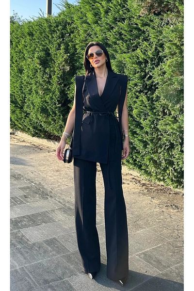 solena sln Women's Shoulder Belted Tie Vest Pants Suit