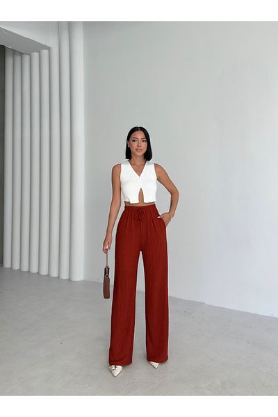alenmoda Women's Seersucker Fabric Pocket Pants