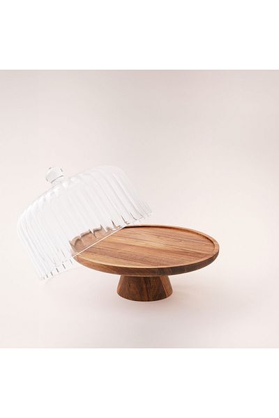 LA MESA cake stand dia 30cm with acacia wood stand and glass lid