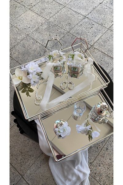 Z&B FLOWERS Promise Tray Silver Glass Tray Engagement Tray Groom Coffee Promise