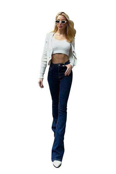 byhaziran butik Floa Women's Dark Blue High Waist Stretchy Denim Fabric Flare Jeans