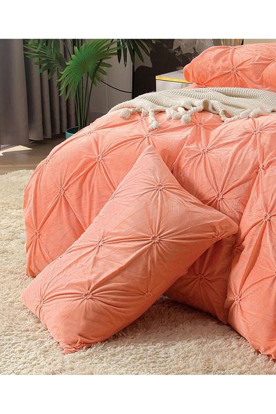 trendyhome Double Bed Linen, Elastic, Soft Velvet, Embroidered Print, Coral, J18018
