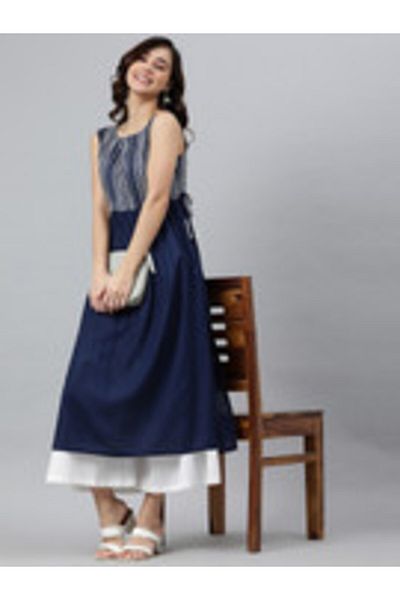 IndHeritage Premium cotton office / casual kurti - Dark blue kurti / kurta for women with prints on chest area
