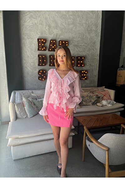 vaveylo women Fırfırlı Tasarım Pembe Gömlek