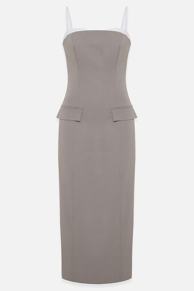Setre Olive Slim Strap Collar and Pocket Detailed Midi Length Dress