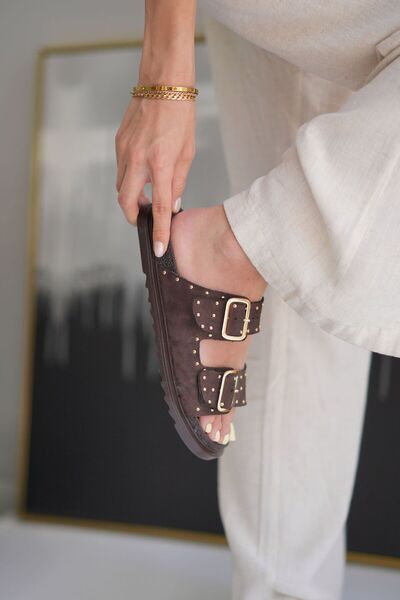 Elvin Shoe Γυναικείες καθημερινές παντόφλες Luna Brown Stone με λεπτομέρειες