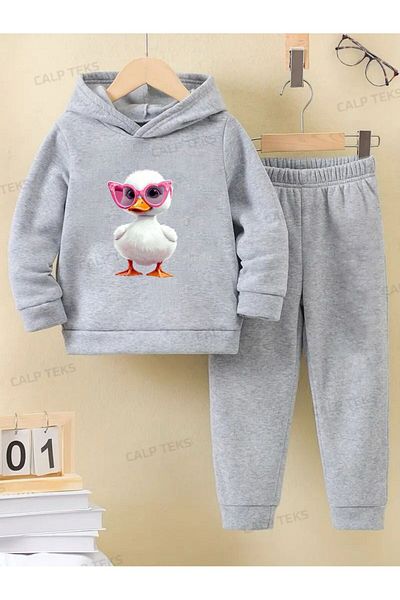 CALP TEKS Glasses Duck Printed Thick Cotton Hooded Winter Tracksuit Set