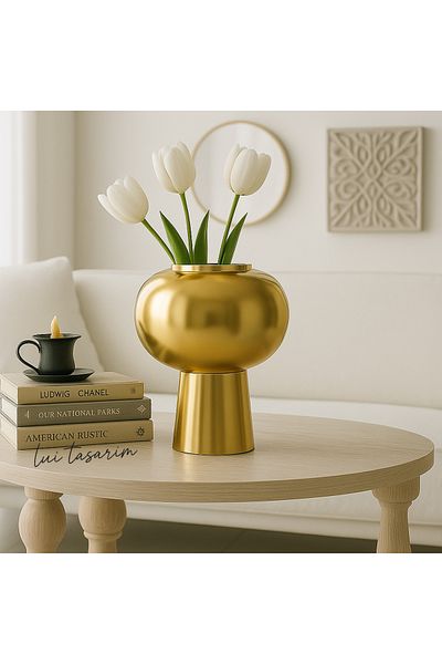 Lui Tasarım Gold Color Vase Lotus Vase XXL Size Ceramic Modern Home Office Hotel Decoration