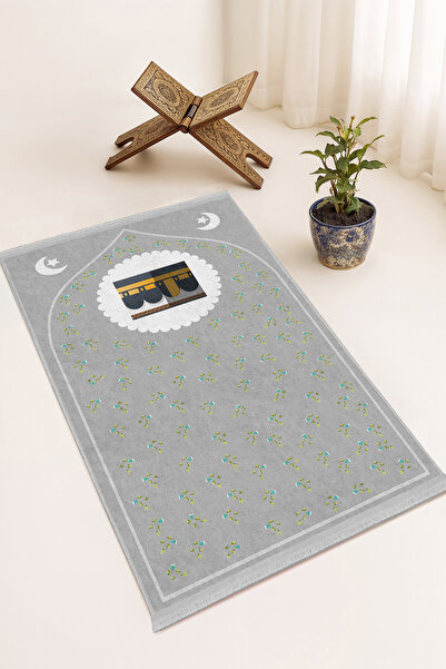 Realhomes Gri Kabe Ve Çiçek Desenli Dijital Baskılı Kaymaz Tabanlı Saçaklı Na...