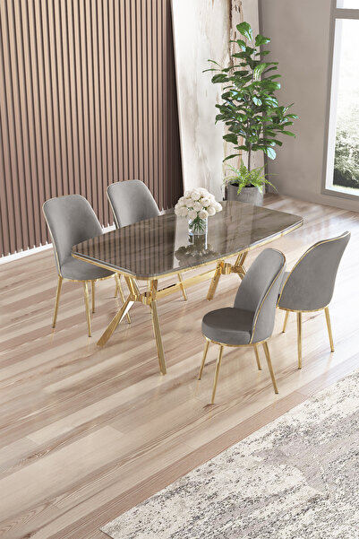 Canisa Lena Serisi 90x160 Lak Panel Antrasit İroni Gold Kaplama Ayaklı Masa Takımı ve 4 Gri Sandalye