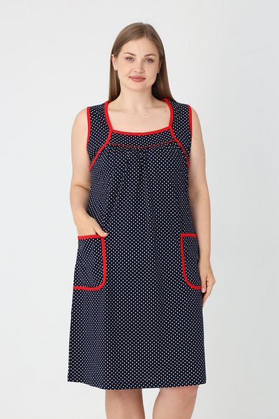 İntensive Navy Blue Polka Dot Piping Strap Pocket Cotton Women's Plus Size Dress