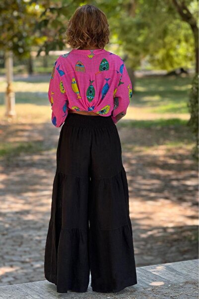 Nevin Kaya Moda Siyah Bağlama Detaylı %100 Keten Pantolon Etek