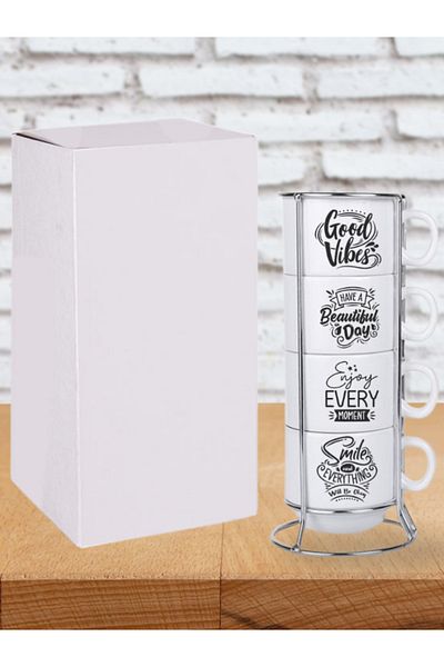 Deep Craft Deepcraft 4-Piece Cup Set with Stand Non-Removable Printed Good Vibes Motto Patterned 4-Piece Cup Set 190 ml
