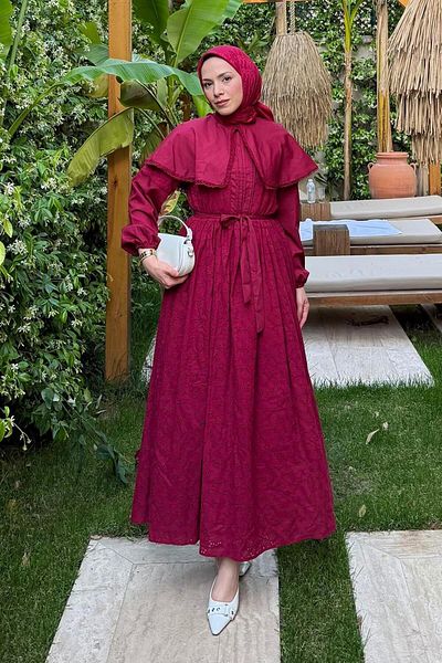 lamelif Baby Collar Detailed Belted Fisto Dress Burgundy