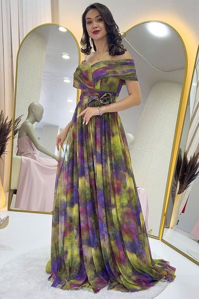zks grup tekstil Women's Tie-Dye Patterned Madonna Collar Patterned Tulle Evening Dress Purple, Plum, Saks Blue, Green