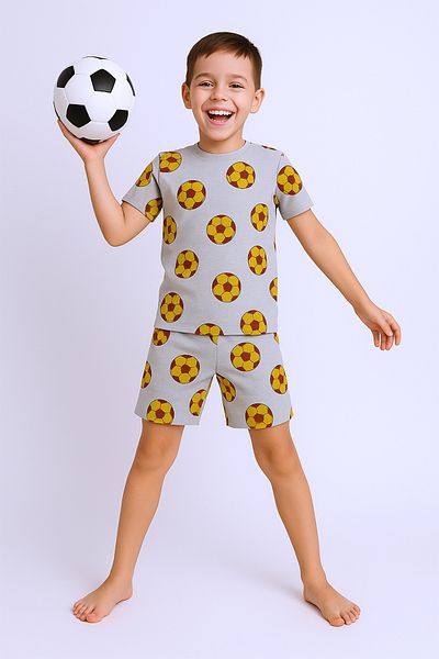 HÇM Boy's Shorts Suit with Ball Printed Circle Neck B42
