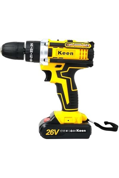 Keen 26v Cordless Drill Set With 2 Batteries, 25 3 Torque, Led, Keyless Chuck, Bit Kit Included