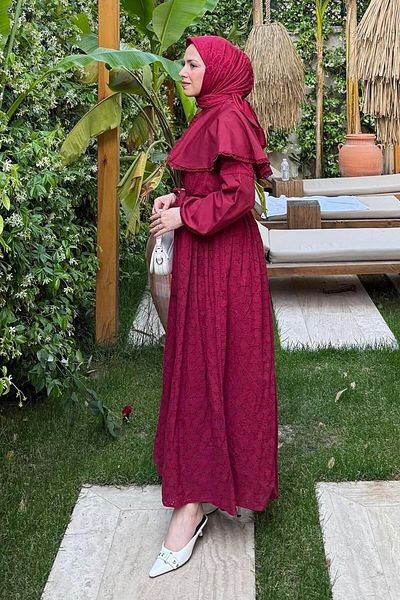lamelif Baby Collar Detailed Belted Fisto Dress Burgundy