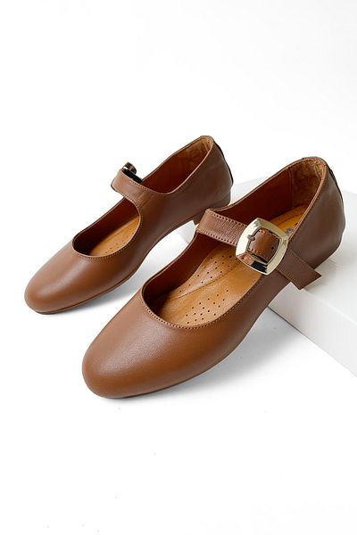 RABU Tan Women's Genuine Leather Mary Jane Ballerinas