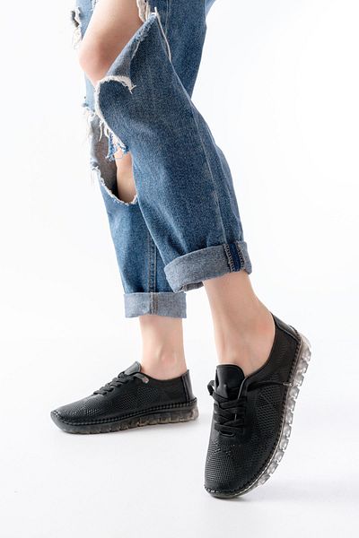 İNFON S-365 Pantofi sport de damă din piele naturală cu model negru cu talpă transparentă