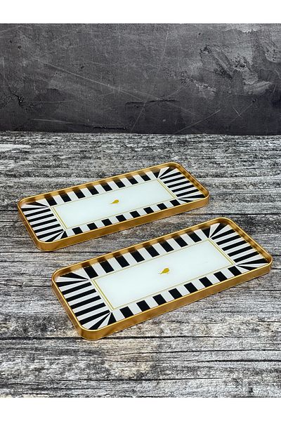 YzHome 2-Person Gold Detailed Black Presentation Serving Tray Patterned Tray Decorative Rectangular