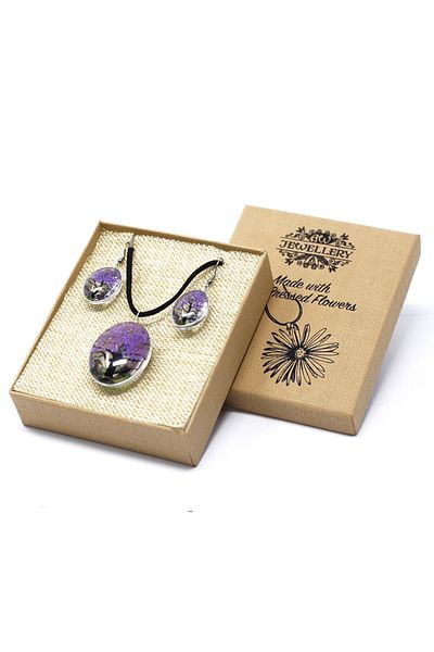 Unknown At This Time PENDANT SET - GLASS EARRINGS AND REAL PRESSED FLOWERS - TREE OF LIFE | LAVENDER