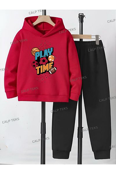 CALP TEKS Play Time Written Printed Thick Cotton Hooded Winter Tracksuit Set