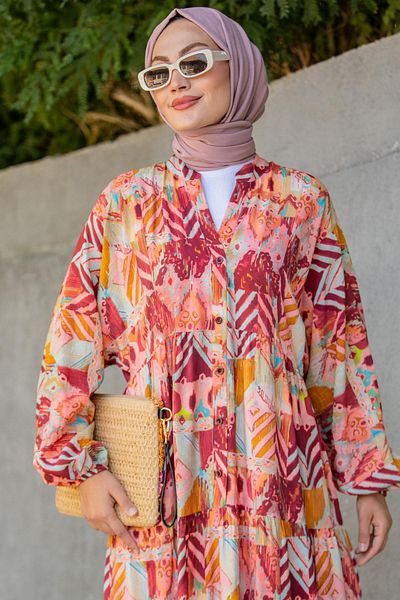 Tesettür Çarşım Ethnic Pattern Half Patch Summer Dress-Burgundy