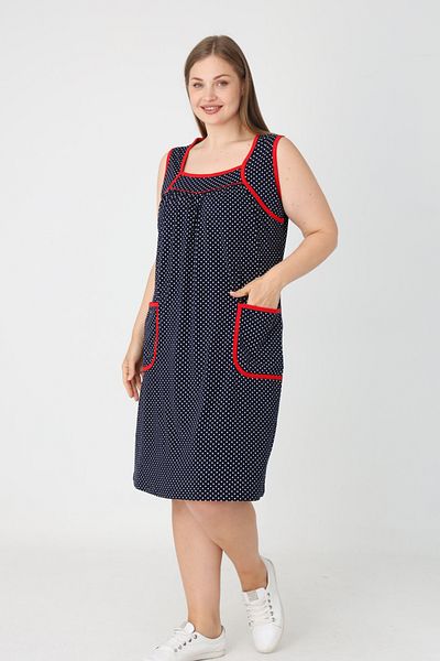 İntensive Navy Blue Polka Dot Piping Strap Pocket Cotton Women's Plus Size Dress