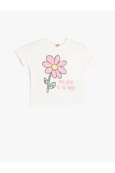 Koton Tricou fetiță cu imprimeu floral cu mânecă scurtă, bumbac, 4smg10209ak Ecru