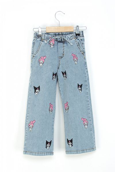 DMB BOYS & GIRLS Girls' Wide Leg Jeans with Elastic Waist My Melody and Kuromi Embroidered Jeans