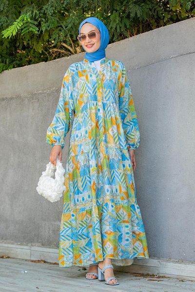 Tesettür Çarşım Ethnic Pattern Half Patch Summer Dress-Blue