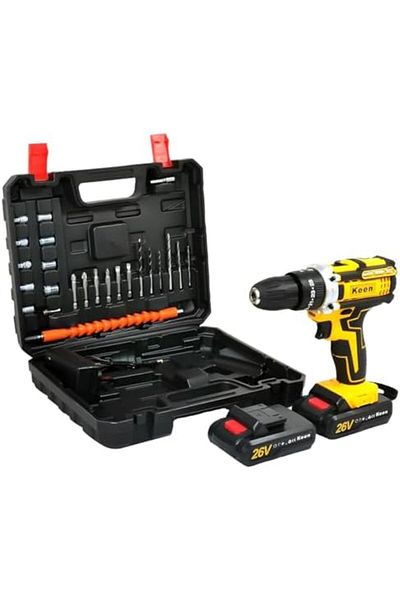 Keen 26v Cordless Drill Set With 2 Batteries, 25 3 Torque, Led, Keyless Chuck, Bit Kit Included